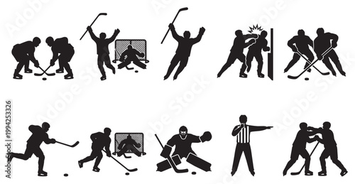 A collection of black and white silhouettes depicts various ice hockey actions including gameplay, fighting, goalies, and referees, perfect for sports graphics and designs.