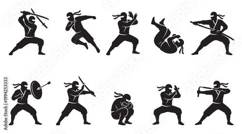 A collection of black silhouette icons depicting ninjas in various combat stances and actions, ready for battle or stealth missions.