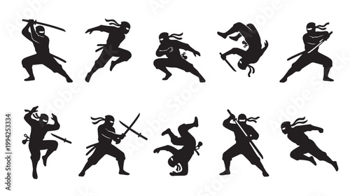 A collection of black silhouette illustrations depict ninjas in dynamic martial arts poses, some with swords, against a white background.