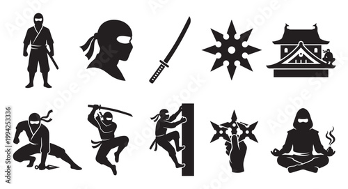Collection of black silhouette icons representing ninjas in various poses, weapons, and settings like a temple, conveying action and stealth.