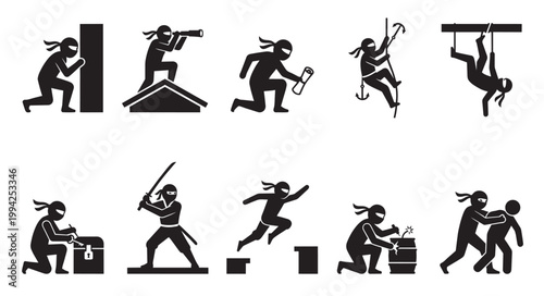 A collection of black silhouette icons depicts ninjas performing various stealthy and combat actions against a white background.