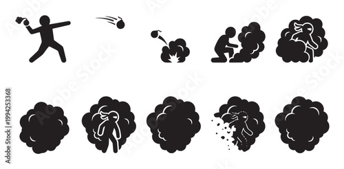 A sequence of silhouette icons depicting a ninja throwing a bomb that explodes and envelops the ninja in smoke, illustrating action and stealth.