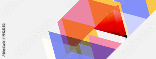 Abstract geometric shapes overlap, creating vibrant color blocks. Composition features red, orange, pink, purple, blue hues. Minimalist design.