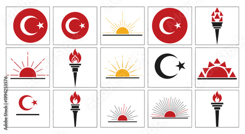 Minimalist Turkish flag icons with crescent moon and torches
