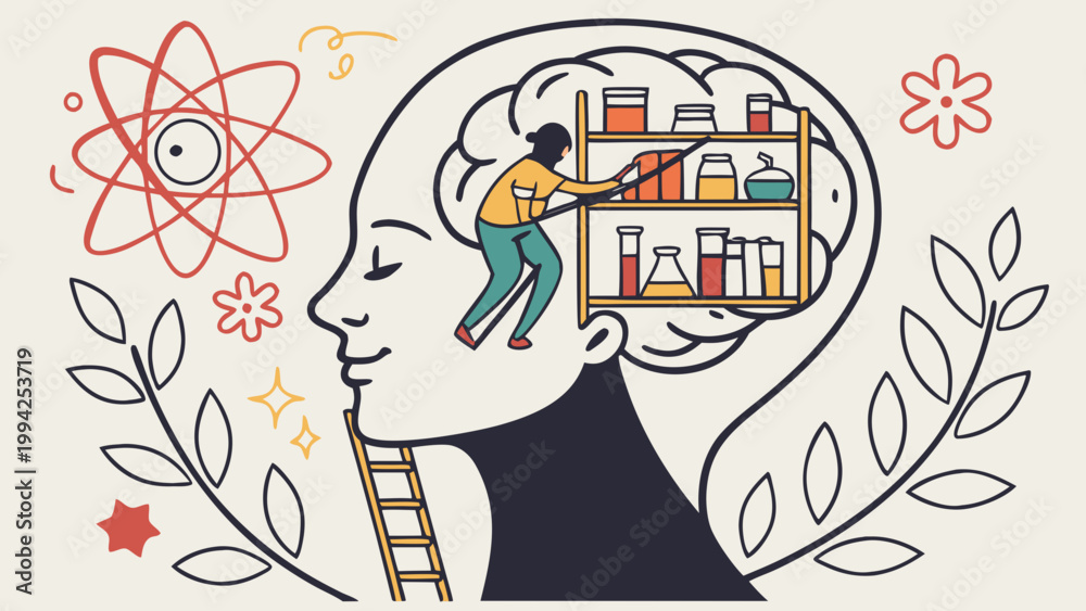 Fototapeta premium Illustration of person head with scientist and books inside mind, symbol of knowledge science learning and curiosity