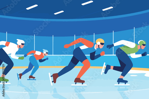 Illustration Of Winter Sports Competition Of Ice Skates Competing In An Indoor Rink Vector Design Template