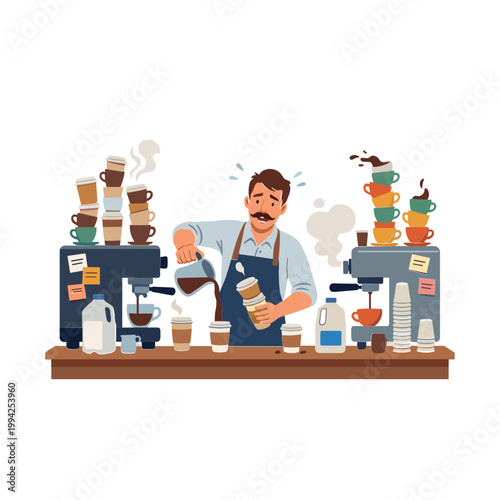 A stressed barista prepares coffee at a busy cafe counter with machines.