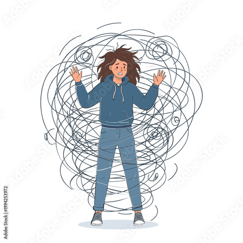 A woman surrounded by swirling lines appears stressed and overwhelmed standing indoors.