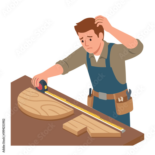 Man measures wood with tape on workbench in workshop carefully