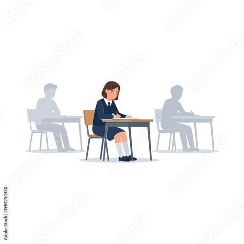A girl wearing uniform sits at a desk writing with classmates around her