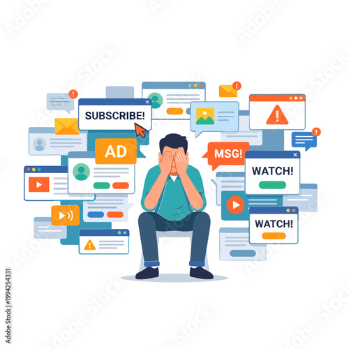 The frustrated man sits amidst a chaotic array of social media notifications and ads.