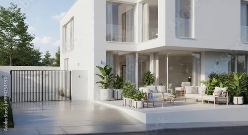 A modern, minimalist white house with a spacious outdoor patio and contemporary furniture.