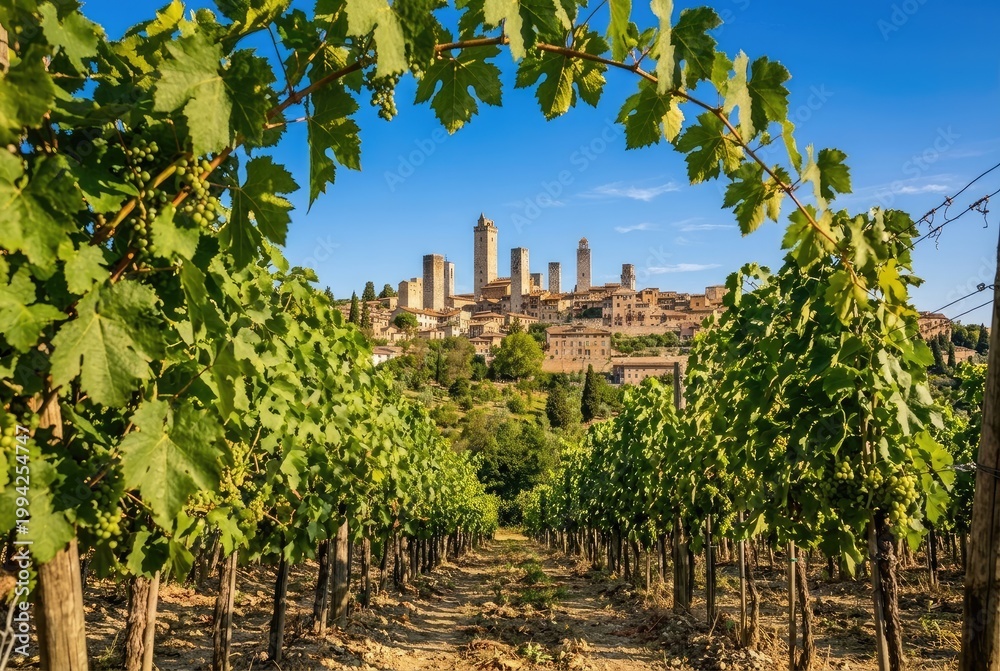 Fototapeta premium Vineyard in front of San Gimignano, Tuscany, Italy