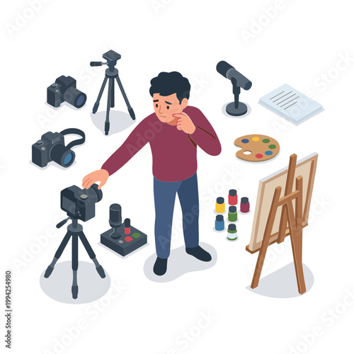 A man operates a camera surrounded by various artistic tools and equipment.