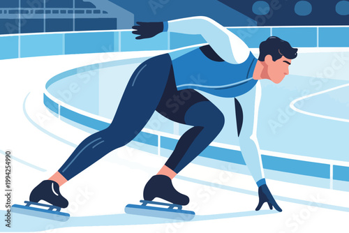 Illustration Of A Male Ice Skater In Racing Position On An Ice Oval Track Vector Design Template