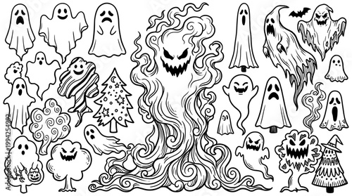 Halloween ghost doodles collection, spooky phantom silhouettes and creepy forest elements set, black and white line art vector illustration.