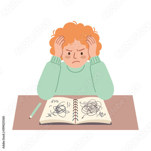 A frustrated woman sits at a desk, rubbing her temples, with a confused expression while looking at scribbled notes in an open notebook.