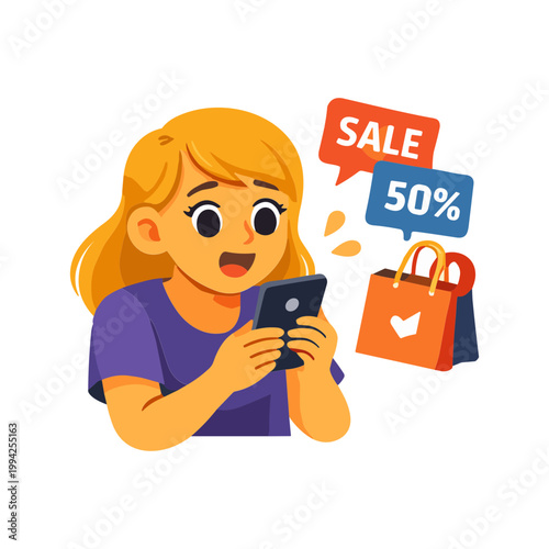 A woman excitedly looks at her phone and sees shopping bags with a sale.
