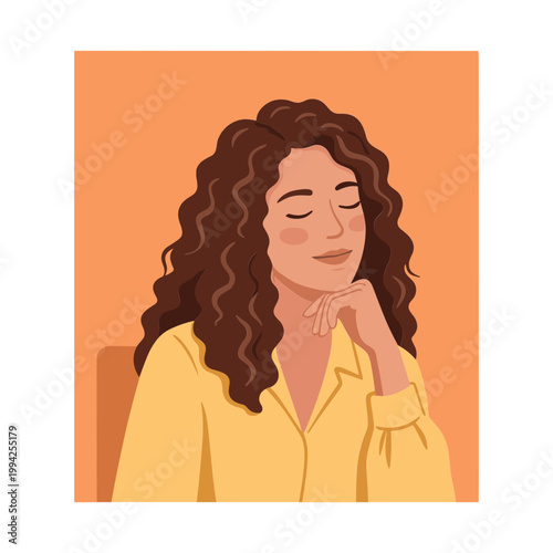 A woman with long brown hair wearing a yellow shirt appears contemplative indoors.