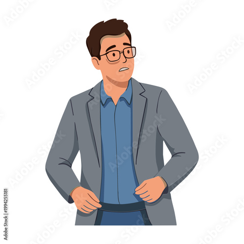 A cartoon man wearing glasses and adjusting his jacket indoors