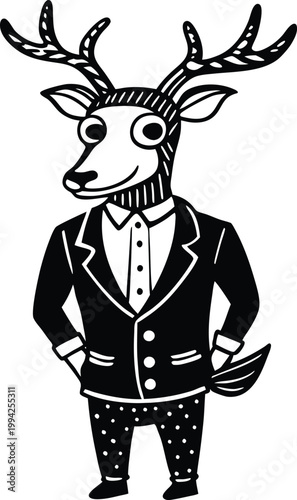 Stylish cartoon deer character wearing a smart suit with a white shirt and polka dot trousers