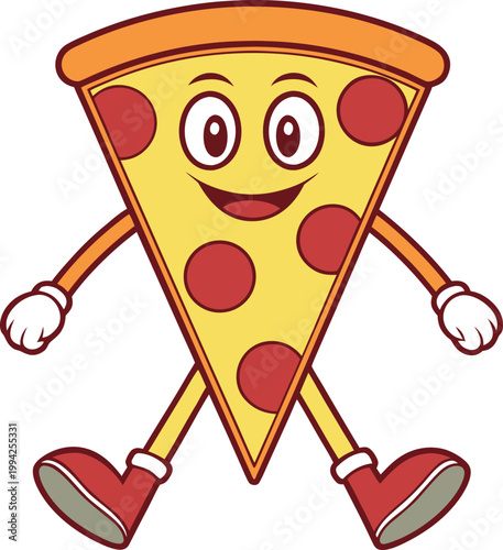 Joyful Cartoon Pizza Slice Character with Pepperoni Toppings Happily Taking a Stroll
