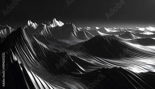 A striking black and white abstract landscape depicts undulating, wave-like forms resembling mountains under a starry night sky, creating a sense of vastness and mystery.