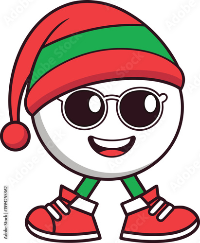Joyful Christmas elf character wearing a striped holiday hat and stylish round glasses