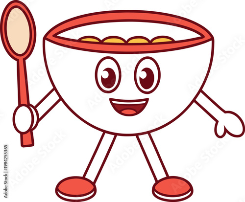 Joyful Cereal Bowl Breakfast Mascot Character Holding a Spoon with a Cheerful Smile