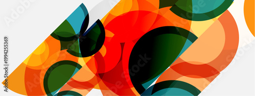 Abstract composition featuring overlapping colorful shapes. Orange, green, red hues dominate design, creating dynamic visual effect.