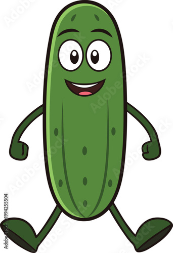 Lively green cucumber vegetable character cartoon happily striding with a big friendly smile