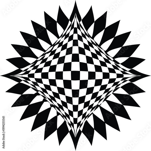 Mesmerizing black and white checkerboard pattern creating an optical illusion with distorted dimensions