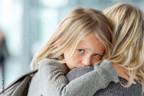 Sad young girl hugging her mother in a car, ideal for family support and child emotional wellbeing content