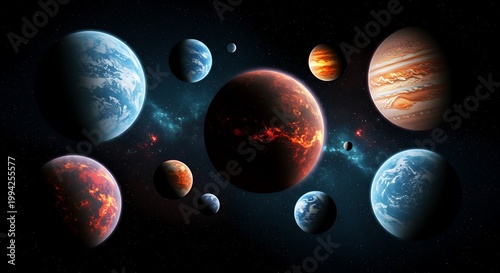 宇宙空間、多様な惑星、神秘的な輝き
