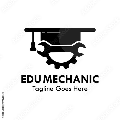 Creative branding for technical education and vocational training featuring a graduation cap combined with a wrench and gear symbol for engineering and mechanical skills.