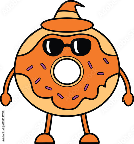 Orange donut character wearing a witch hat and cool sunglasses for Halloween season