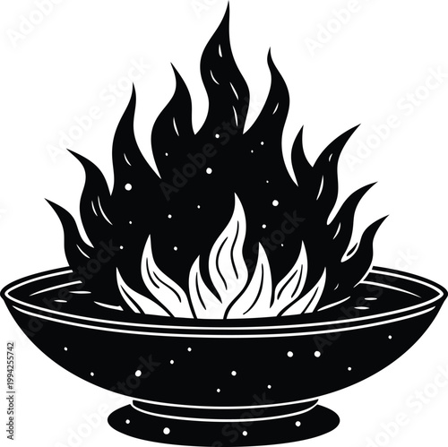Ornate ritual bowl containing mystical flames with sparks rising into the air
