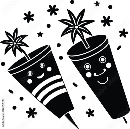 Pair of Joyful Cartoon Party Poppers Bursting with Stars and Festive Confetti