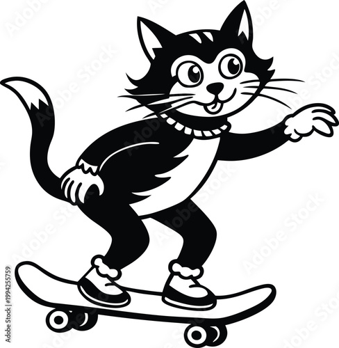 Playful black and white cartoon cat character enjoying a ride on a skateboard cheerfully
