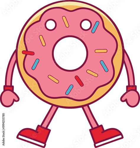 Playful Cartoon Donut Mascot with Pink Frosting Sprinkles Red Boots and Gloves