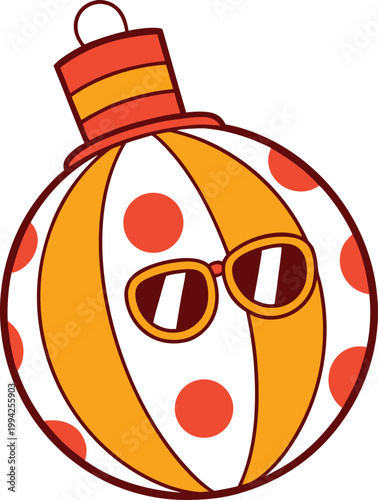 Playful orange and red striped Christmas ornament character wearing cool sunglasses with polka dots