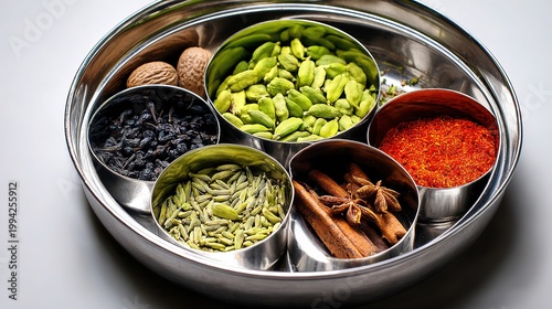 Product photography, a round clear glass tray with six compartments filled with six types of whole spices, arranged hexagonally into a complete circle.