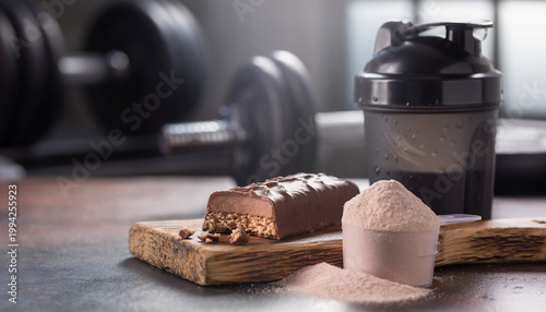 Fitness enthusiasts prepare protein shake and snack on wooden board at gym