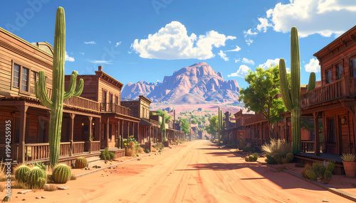 A vibrant, sun-drenched view of a classic Wild West town nestled within a desert landscape, showcasing rustic wooden buildings and towering cacti against a backdrop of majestic mountains.
