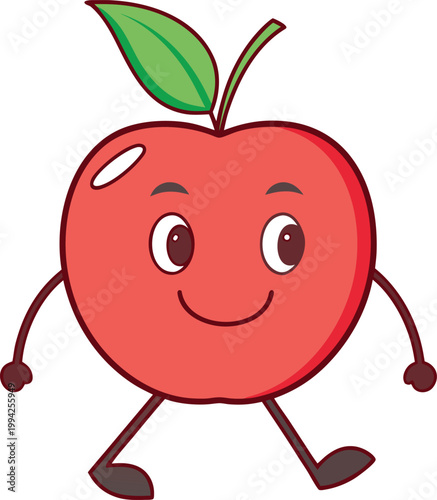 Playful Red Apple Character Smiling and Walking with Green Leaf Stem