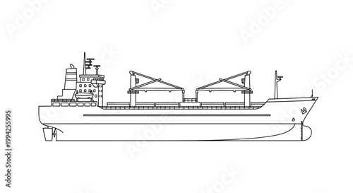 Black and White Line Art Illustration of a Cargo Ship