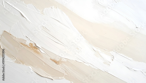A close-up showcases thick, textured strokes of white and beige paint, creating an abstract and artistic surface with visible brushwork and a tactile quality.
