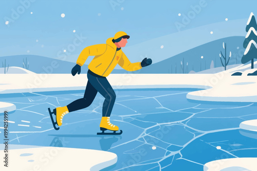 Illustration Of A Man Ice Skating On A Frozen Lake With A Winter Mountain Backdrop Vector Design Template
