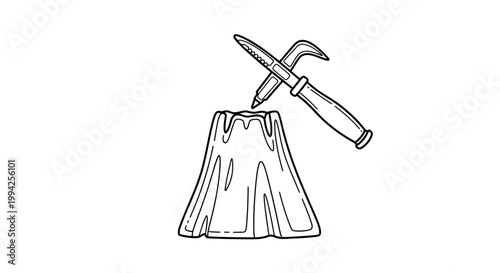 Geological Hammer Striking Volcanic Rock Formation Line Art