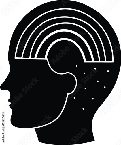 Profile silhouette of a human head featuring a colorful rainbow symbolizing positive emotions and mental well being
